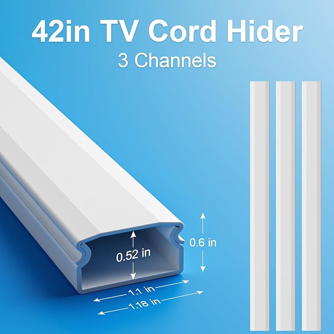 Yecaye TV Cord Hider, 42in Cord Cover, Large Cable Hider, Wire Covers for 4 Cords, Cable Raceway Wire Hider, Wire Hiders for TV on Wall, Cable Cover Cord Concealer, W1.18in H0.6in, White