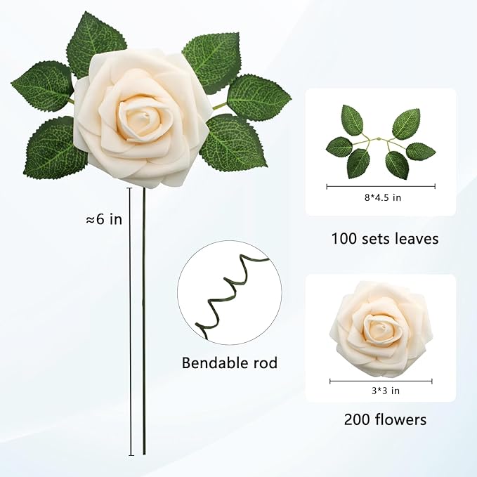 JOYLEX Artificial Flowers Realistic Roses, Real Looking Fake Roses with Stem for DIY Wedding Bouquets Centerpieces Bridal Shower Party Home Romantic Decorations (Champagne, Regular 3" - 200pcs)
