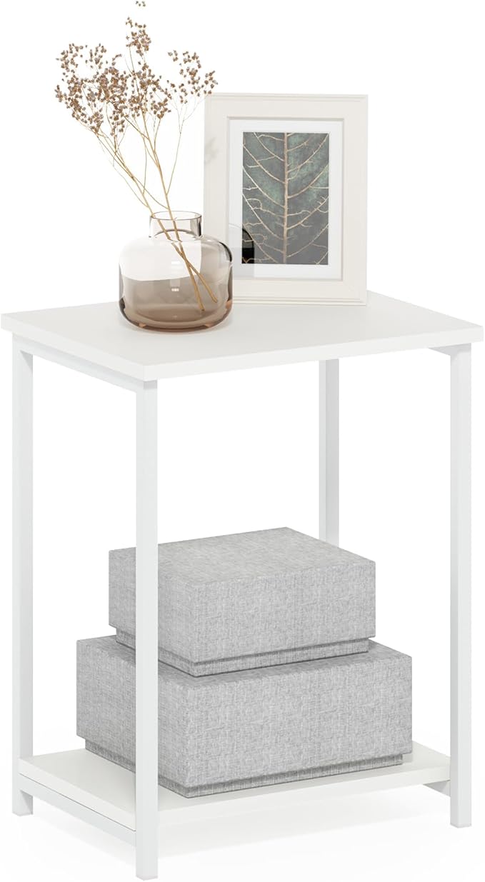 Furinno Simplistic Side Table, 2-Tier Metal Frame End Table with Open Shelf, Night Stand, Bedside Table, for Living Room, Bedroom, White