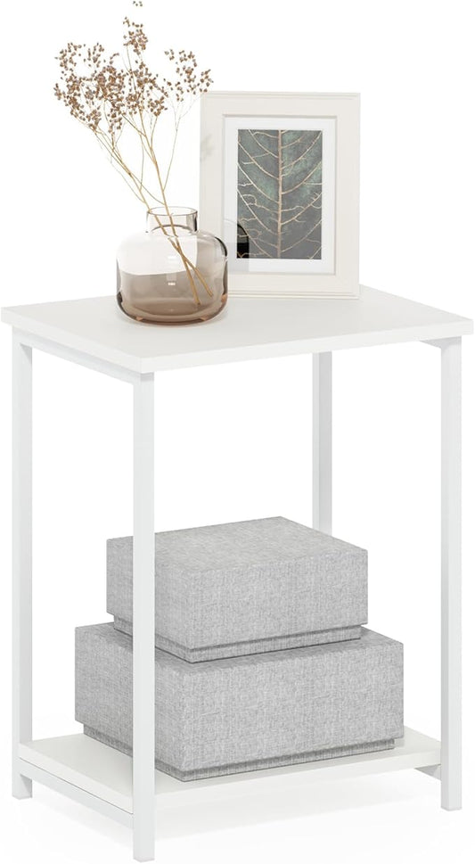 Furinno Simplistic Side Table, 2-Tier Metal Frame End Table with Open Shelf, Night Stand, Bedside Table, for Living Room, Bedroom, White