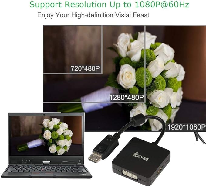 DisplayPort to HDMI VGA DVI Adapter, 3-in-1 Converter, 1080P@60Hz, Male to Female, Black