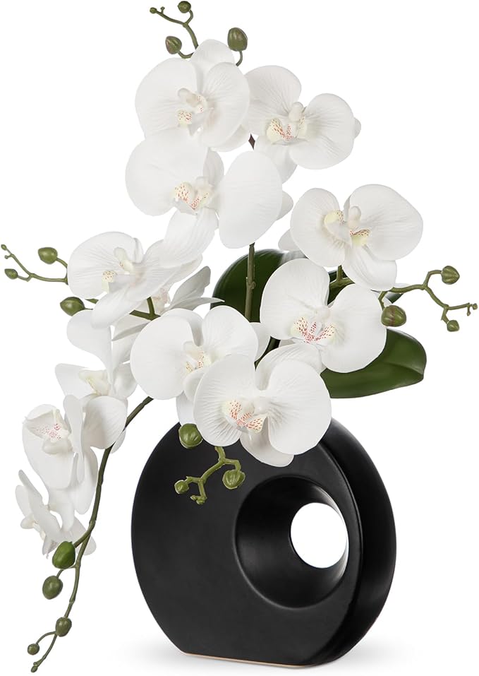 Briful Artificial Orchid Flowers in Black Modern Ceramic Vase 15.7" Tall White Faux Orchid Arrangement Silk Orchid Flower Fake Orchid Centerpiece for Home Office Room Wedding Table Décor