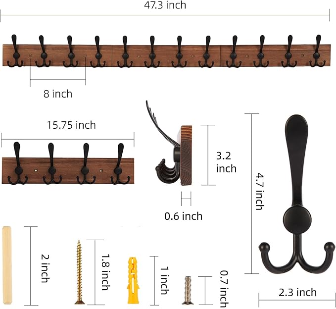 Wall Mount Coat Rack 47.3'' Burnt Brown Hanger - Rustic Towel Rack for Bathroom, Living Room - Hooks for Coats, Hats, Clothes