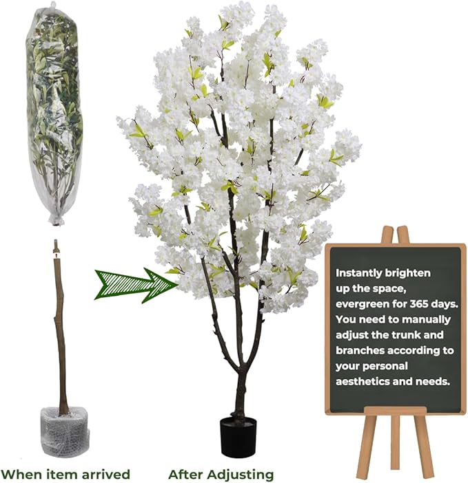 Faux White Cherry Blossoms Tree 6FT Flowering Tree Artificial Cherry Blossom Tree for Bedroom Home Decor