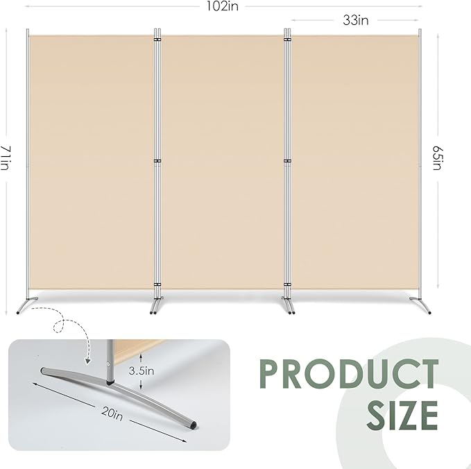 RANTILA 3 Panel Room Divider, 6 Ft Tall Folding Privacy Screen Freestanding Room Partition Wall Dividers, 102''W x 20''D x 71''H, Beige