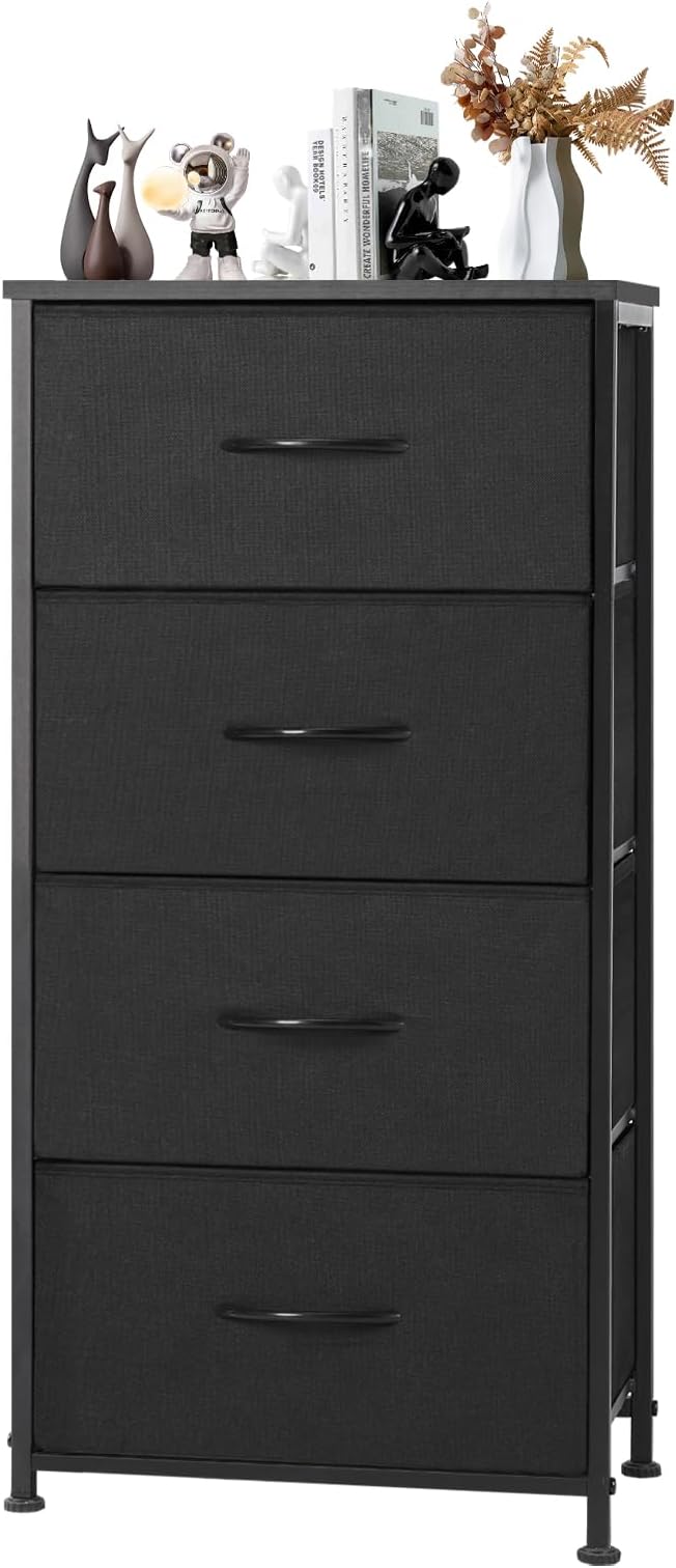 DUMOS Dresser for Bedroom 4 Drawers, Tall Fabric Closet Chests Organizer Tower Furniture with Wooden Top Metal Frame for Nursery, Living Room, Closet, Black