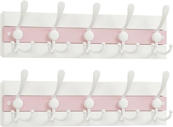 SKOLOO Coastal Wall Mounted Coat Rack - 17" Beach House Entryway Wooden Coat Hook with 5 Hooks for Hanging Coats, Hats or Towels, Oceanfront Cottage Core Collection, White & Palm Beach Pink, Pack of 2