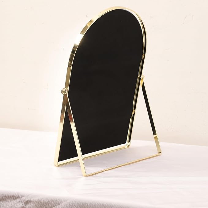Golden Metal Mirror Vanity Table Desk Arch Makeup Bathroom Mirror Rotation Framed Standing Mirrors 90°Adjustable Room Decor for Living Room,Bedroom,Tabletop