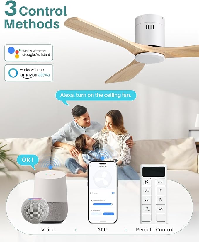 Sofucor 52 Inch Smart Ceiling Fan Without Light Flush Mount Solid Wood Ceiling Fan with Alexa/Google/APP/Remote Control-Modern Outdoor Ceiling Fans No Light for Bedroom/Patio/Indoor,Natural Wood&White