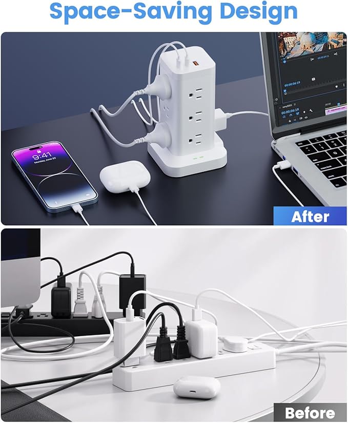 Power Strip Tower with Surge Protector 1800J, Fast Charging Tower PD20W USB-C Ports with 12 AC Outlets, 6ft Extension Cord for Home Office Dorm Room, White