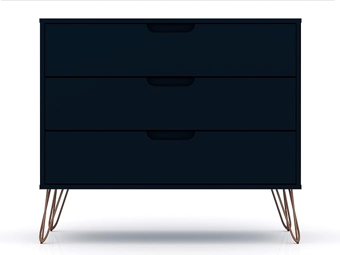 Manhattan Comfort Rockefeller 3 Drawer Dresser for Bedroom Storage, Nursery, Closet, Living Room, Entryway, TV Stand for Screens up to 32 Inches, Anti-Tip Kit Included, Set of 2, Midnight Blue