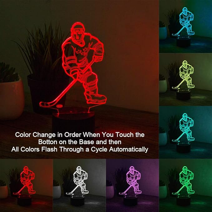 Hockey Player 3D Night Light Lamps for Kids 7 LED Color Changing Touch Table Desk Lamps Lighting Cool Toys Gifts Birthday Xmas Decoration for Sports Hockey Fan