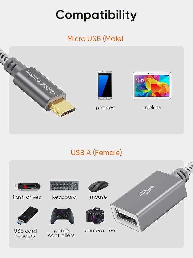 CableCreation USB to Micro USB Adapter, 0.15m, Male to Female, for Micro-B Devices, Flash Drive, Mouse, Keyboard, Game Controller, Aluminum Space Gray