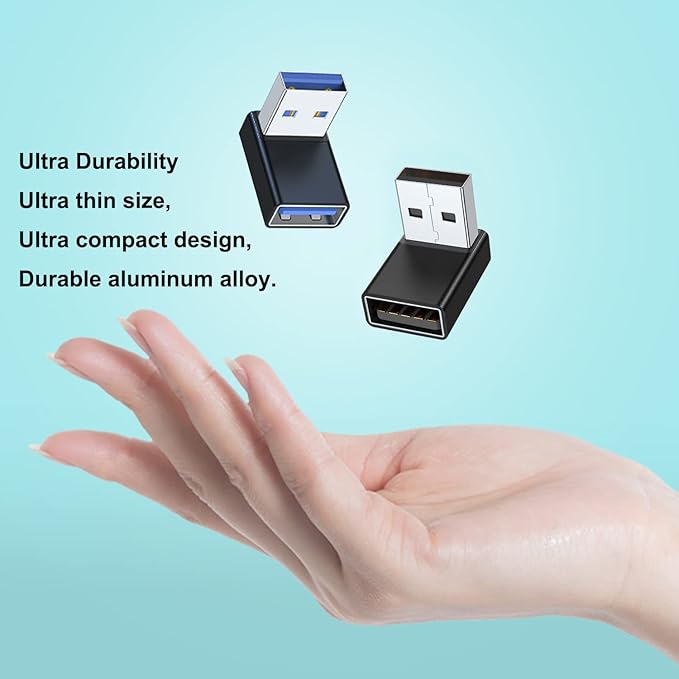 AreMe 90 Degree USB 3.0 Adapter 2 Pack, Up and Down Angle USB A Male to Female Converter Extender for PC, Laptop, USB A Charger, Power Bank and More (Black)