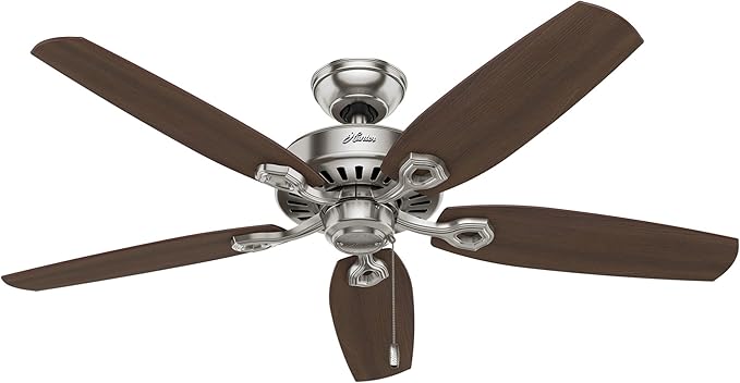 Hunter 52 inch Indoor Ceiling Fan No Light with Pull Chain - Ceiling Fan without Light, Standard Mount, 5 Blades, For Bedroom, Living Room, or Kitchen - Builder Elite 53241, Brushed Nickel