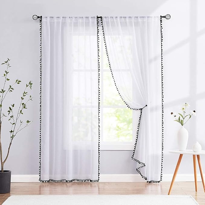 Treatmentex White Sheer Curtains Black Pompoms 63" inches Long Window Draperies for Boy's Room Bed Canopy 2 Panels Rod Pocket