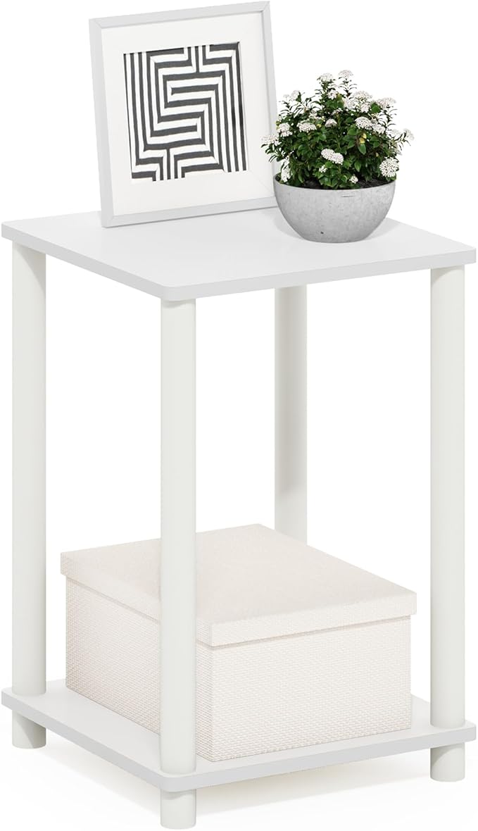 Furinno Turn-N-Tube Side Table, 2-Tier End Table with Open Shelf, Toolless Night Stand, Bedside Table, for Living Room, Bedroom, White