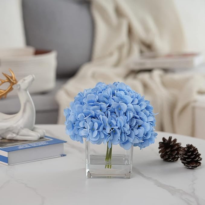 Silk Blue Artificial Hydrangea in Vase with Faux Water, Silk Flower Arrangements in Vase for Home Decor, Wedding Table (Blue)