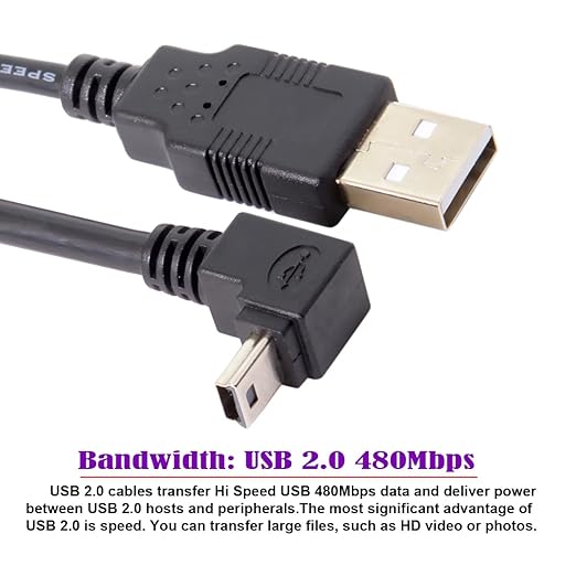 NFHK Mini USB B Type 5pin Male Down Angled 90 Degree to USB 2.0 Male Data Cable 5 Meters with EMI Ferrite Core 50cm
