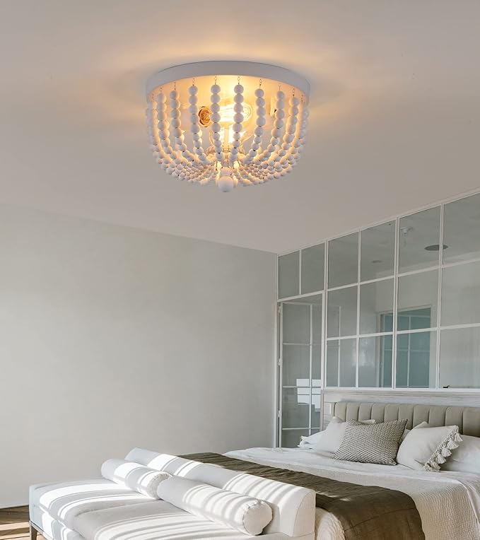 Q&S White Flush Mount Ceiling Light Fixtures,2-Lights Wood Beaded Boho Chandeliers for Nursery Baby Bedroom Dining Room Living Room Kitchen Hallway W11.81