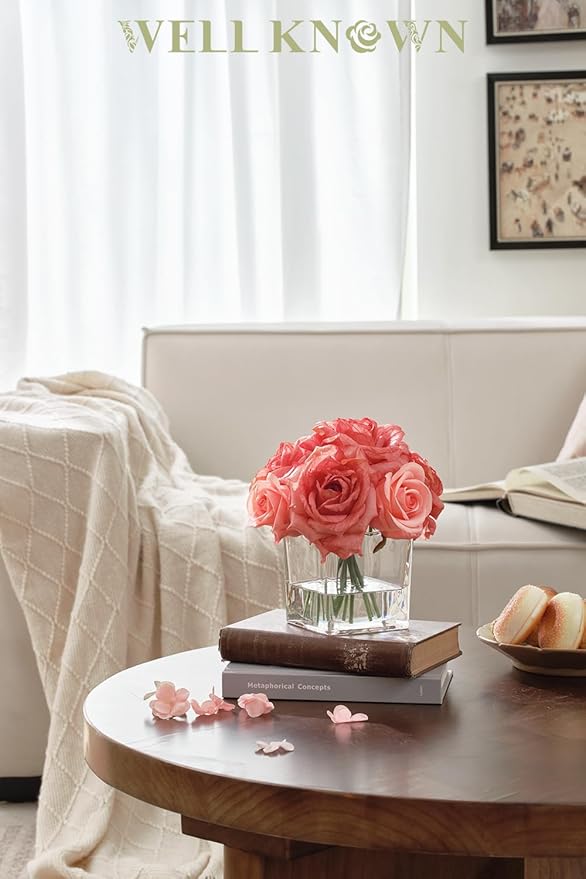 WELL KNOWN Rose Artificial Flowers in Vase with Faux Water, Silk Rose Table Centerpieces for Home Coffee Table Decor, Bean Pasty Pink Fake Roses Flower Arrangements for Office Hotel Lavatory Wedding