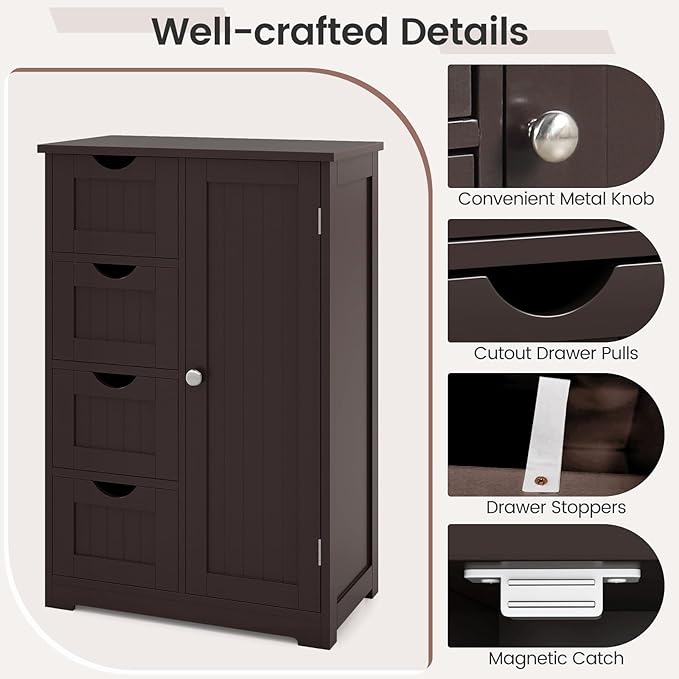 Giantex Bathroom Storage Cabinet with Drawers - 4 Drawer Storage Organizer w/Cupboard, Adjustable Shelf, Anti-Toppling Device, Entryway Storage Unit Console Table, Bathroom Floor Cabinet (Brown)