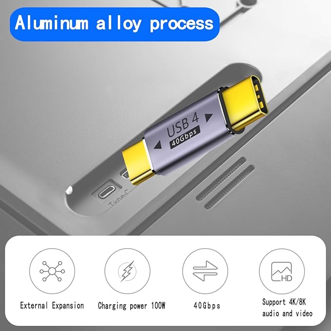 USB C Male to Male Adapter Extender .Type C Coupler with PD 100W 40 Gbps 8K/60hz Video Compatible for Thunderbolt 4/3, MacBook Pro/Air, Laptop, Tablet, Phone and More Type C Devices
