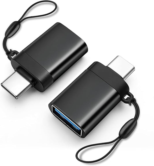 USB-C to USB-A Adapter (2-Pack), USB3.0 Data Transfer and Interface Conversion, Charging, OTG Support with Anti-Loss Cord - Black
