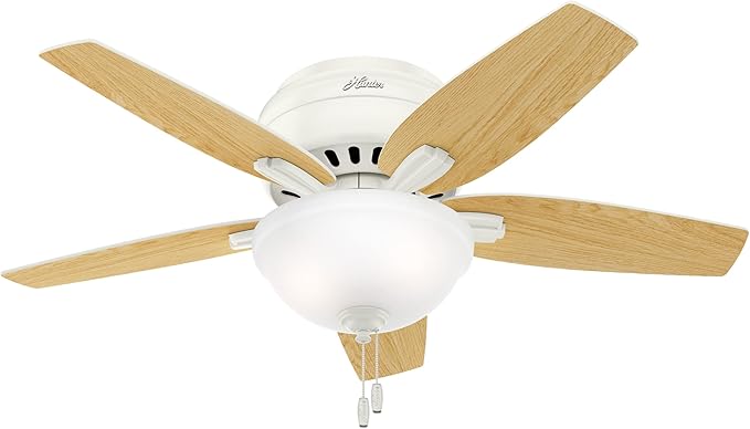 Hunter 42 inch Indoor Ceiling Fan with LED Light - White Ceiling Fan with Pull Chain, For Bedroom or Living Room, Low Profile Mount, No Remote, 5 Blades, Includes Bulbs - Newsome 51080, Fresh White