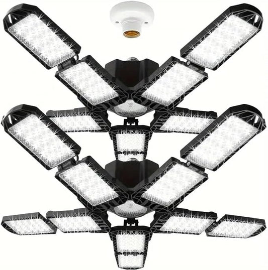 2 Packs LED Garage Light, Super Bright Screw in E26/E27 Ceiling Shop Work Lamp, 260W 26000 Lumen Deformable Basement Bulb Fixture with 10+1 Adjustable Panels, Lighting for Workshop, Attic