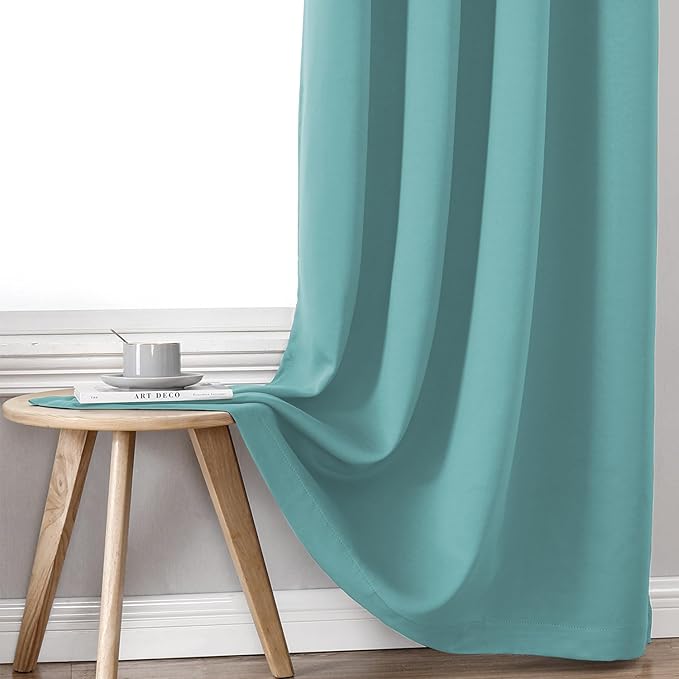 ChrisDowa 100% Blackout Curtains 54 inch Long for Bedroom with Black Liner, 2 Thick Layers Total Blackout Thermal Insulated Grommet Window Curtains 2 Panels Set (Aqua, 52 x 54 Inch)