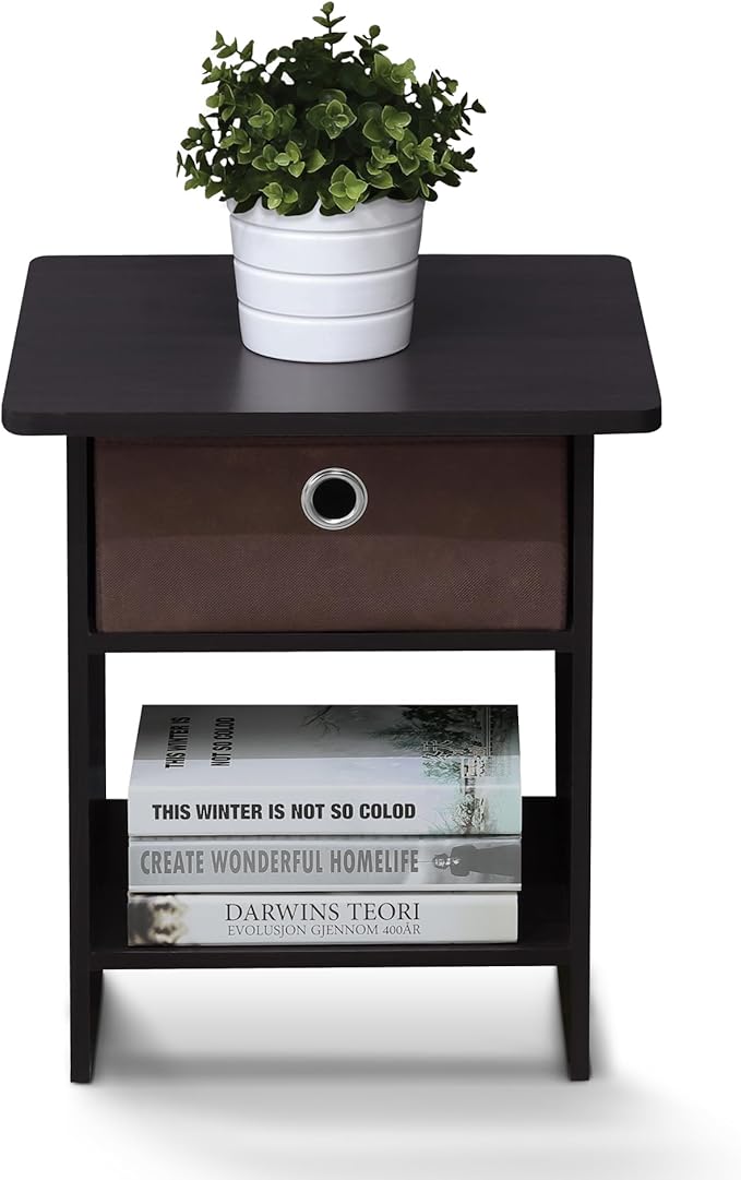 Furinno Dario End Table / Side Table / Night Stand / Bedside Table with Bin Drawer, 2-Pack, Dark Walnut