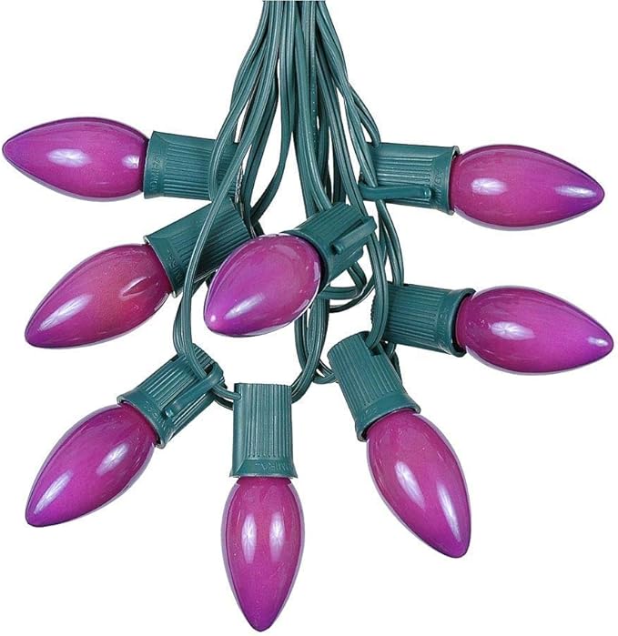 25 Foot C9 Purple Ceramic Christmas String Light Set - Outdoor Roofline Lights - Opaque Bulbs - Green Wire