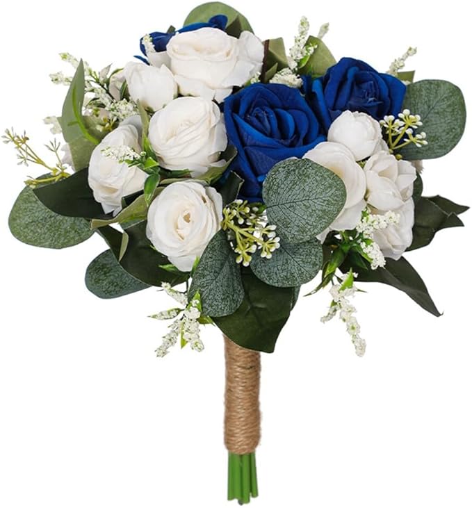 Wedding Rose Bouquet Bridesmaid Flower Bouquets, Artificial Flower Blue White Rose Wedding Bouquets for Bride Bridesmaid Bouquet Faux Bouquet Bride Bridesmaid Holding Flower for Wedding Decor, Medium