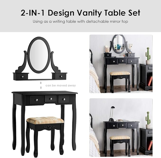CHARMAID Vanity Table Set with Rotatable Oval Mirror, Bedroom Makeup Table with 5 Drawers for Women Girls, Dressing Table with Cushioned Stool (Black)
