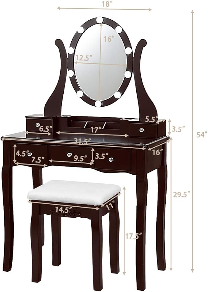 CHARMAID Makeup Vanity Table with Lighted Mirror, Vanity Desk with 10 LED Lights, Adjustable Brightness, 5 Drawers and Removable Storage Organizer, Bedroom Dressing Table with Stool (Espresso)