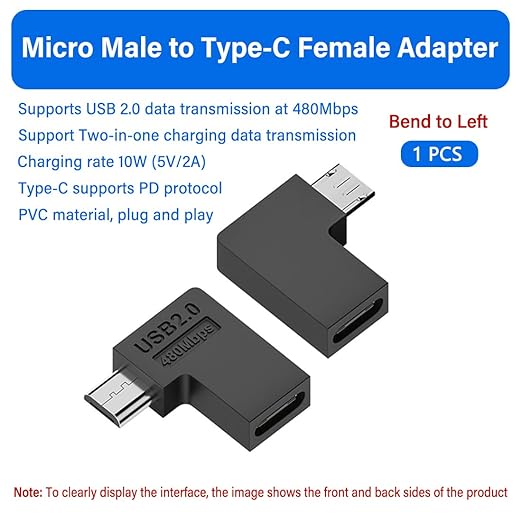 2 PCS USB C to Micro USB Adapter.Type C Female to Micro USB Male Convert Connector.L Shape Left Bend(5V2A) 10W 480Mbps, for Phone MP3 MP4 Digital Camera