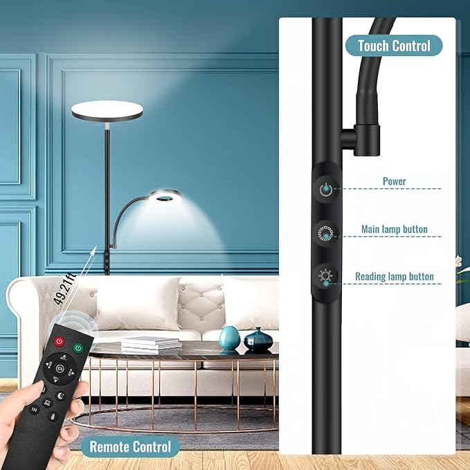 Floor Lamp, Upgraded 42W 4000LM Super Bright LED Floor Lamp for Living Room Bedroom, Dimmable Standing Reading Floor Lamps with Remote & Touch Control