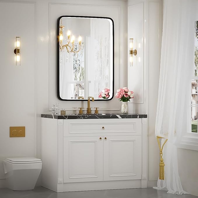 20X28 Inch LED Bathroom Mirror with Lights,Wall Mounted Lighted Mirrors with Non-Rusting Black Metal Frame Anti-Fog Memory Funtion Stepless Dimmable,6000K(Horizontal&Vertical)