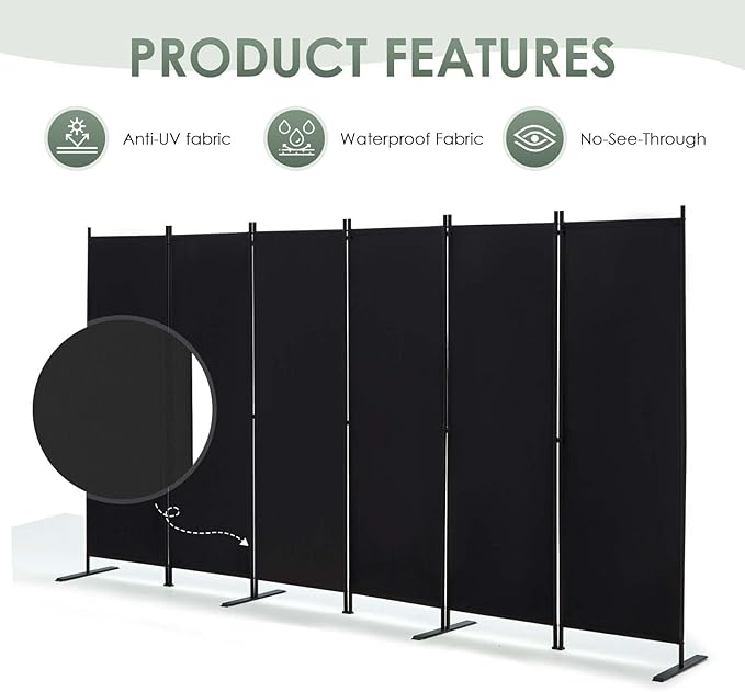 RANTILA 6 Panel Room Divider, 6 FT Folding Privacy Screen with Wide Feet, Freestanding Partition for Room Separation, Portable Room Divider Panel, 133" W x 71" H, Black