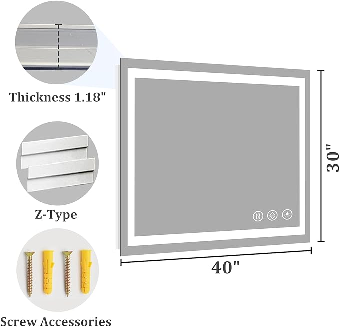 Koonmi 30x40 LED Bathroom Mirror, Backlit + Front Lit, LED Bathroom Mirror with Lights for Wall, 3 Colors, Anti-Fog, Dimmable Brightness, Memory Function, Tempered Glass