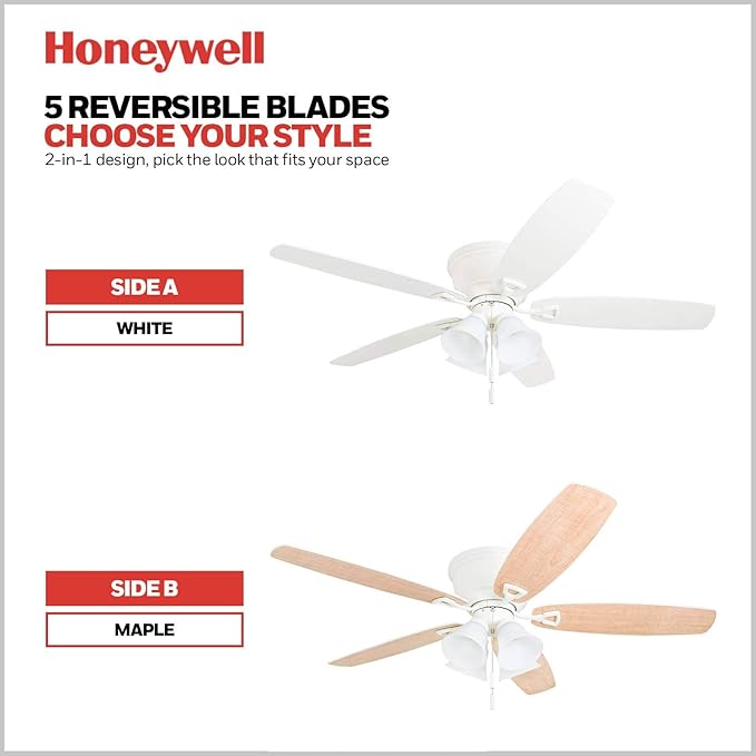 Honeywell Ceiling Fans Glen Alden, 52 Inch Classic Flush Mount Indoor LED Ceiling Fan with Light, Pull Chain, Quick-2-Hang Dual Finish Blades, Reversible Motor - 50520-01 (White)