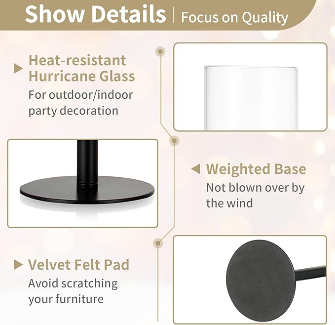 NUPTIO Hurricane Glass Candle Holders: 6 Pcs Black Metal Candlestick Tapered Holder with Clear Chimney Covers Bottomless Tall Modern Taper Candles Stick Cylinder Stand for Halloween Fireplace Decor