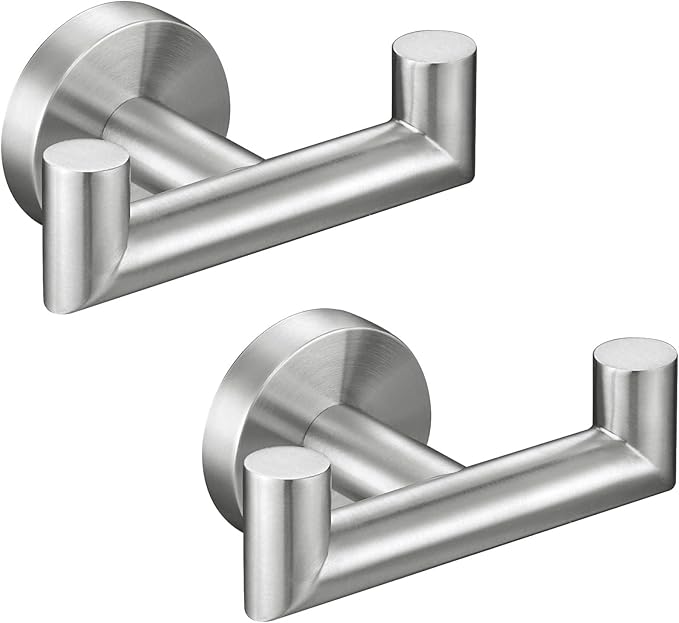 Angle Simple Towel Hook Brushed Nickel 2 PCS, SUS304 Stainless Steel Double Robe Hook, Bathroom Towel Holder, Wall Mount