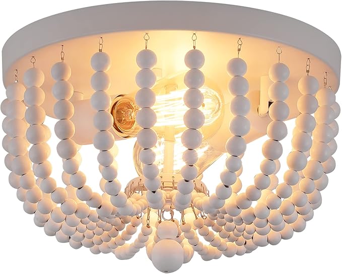 Q&S White Flush Mount Ceiling Light Fixtures,2-Lights Wood Beaded Boho Chandeliers for Nursery Baby Bedroom Dining Room Living Room Kitchen Hallway W11.81