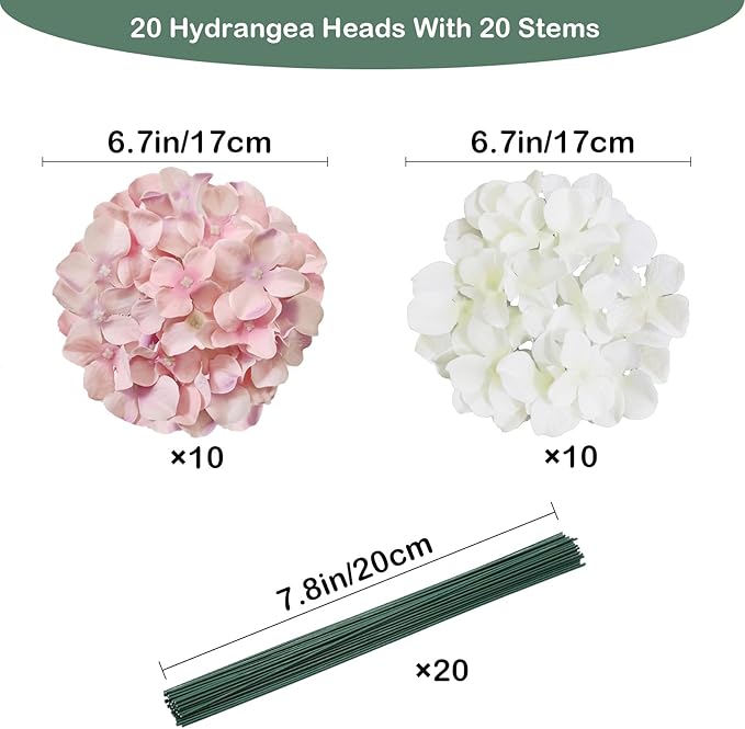 20 Pcs White and Pink Hydrangea Artificial Flowers Bulk, Faux Hydrangea Flowers Heads, Artificial Fake Silk Hydrangea Flowers with Stems, White Flowers Artificial for Decoration Wedding Décor