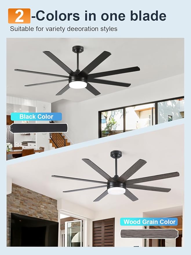 YUHAO 62 Inch Black Ceiling Fan with Light and Remote Control.Noiseless,Dimmable,3CCT,6 Speeds Reversible, DC Ceiling Fans for Indoor or Covered Outdoor