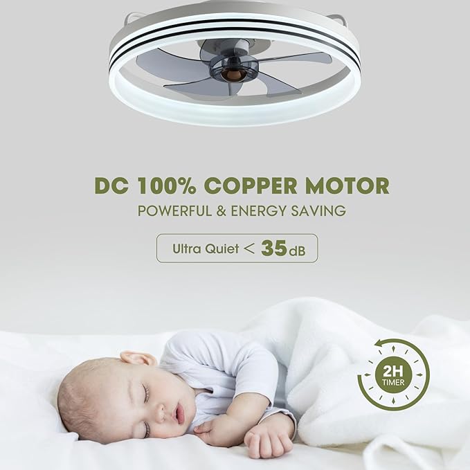 Ceiling Fans with Lights, Flush Mount Ceiling Fan with Lights and Remote, 6 Wind Speeds Smart Low Profile Ceiling Fan for Bedroom, Dining Room and Kitchen 20" (White)