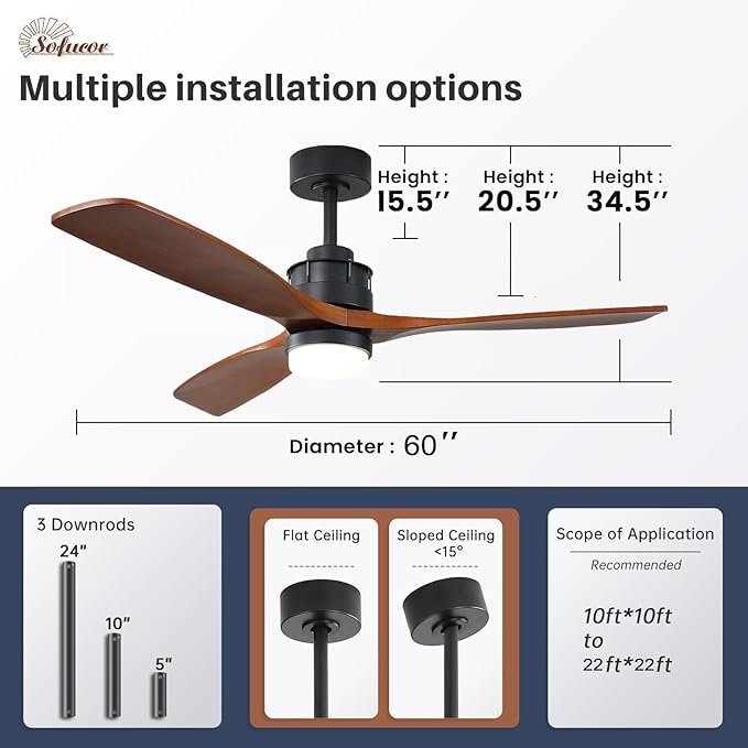 Sofucor Ceiling Fans With Lights, 60 Inch Solid Wood Ceiling Fan With Light and Remote, Indoor/Outdoor Ceiling Fans with Light, Reversible DC Motor, 3 Blade Modern Ceiling Fan Light for Bedroom Patio