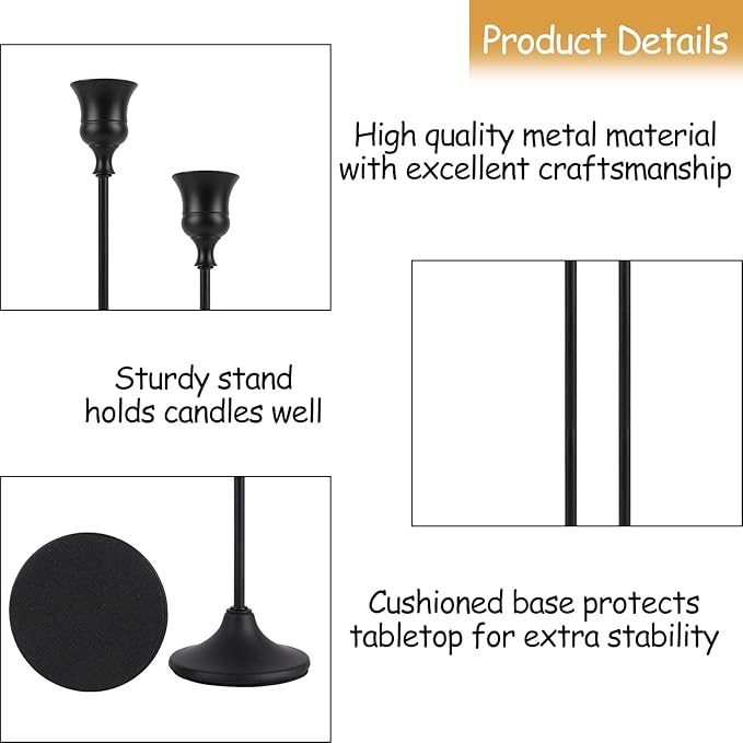 Black Candlestick Holders Set of 6, Metal Taper Candle Holders, Classic Decorative Candle Stick for Christmas, Wedding, Party, Dinner Tables,Home Décor